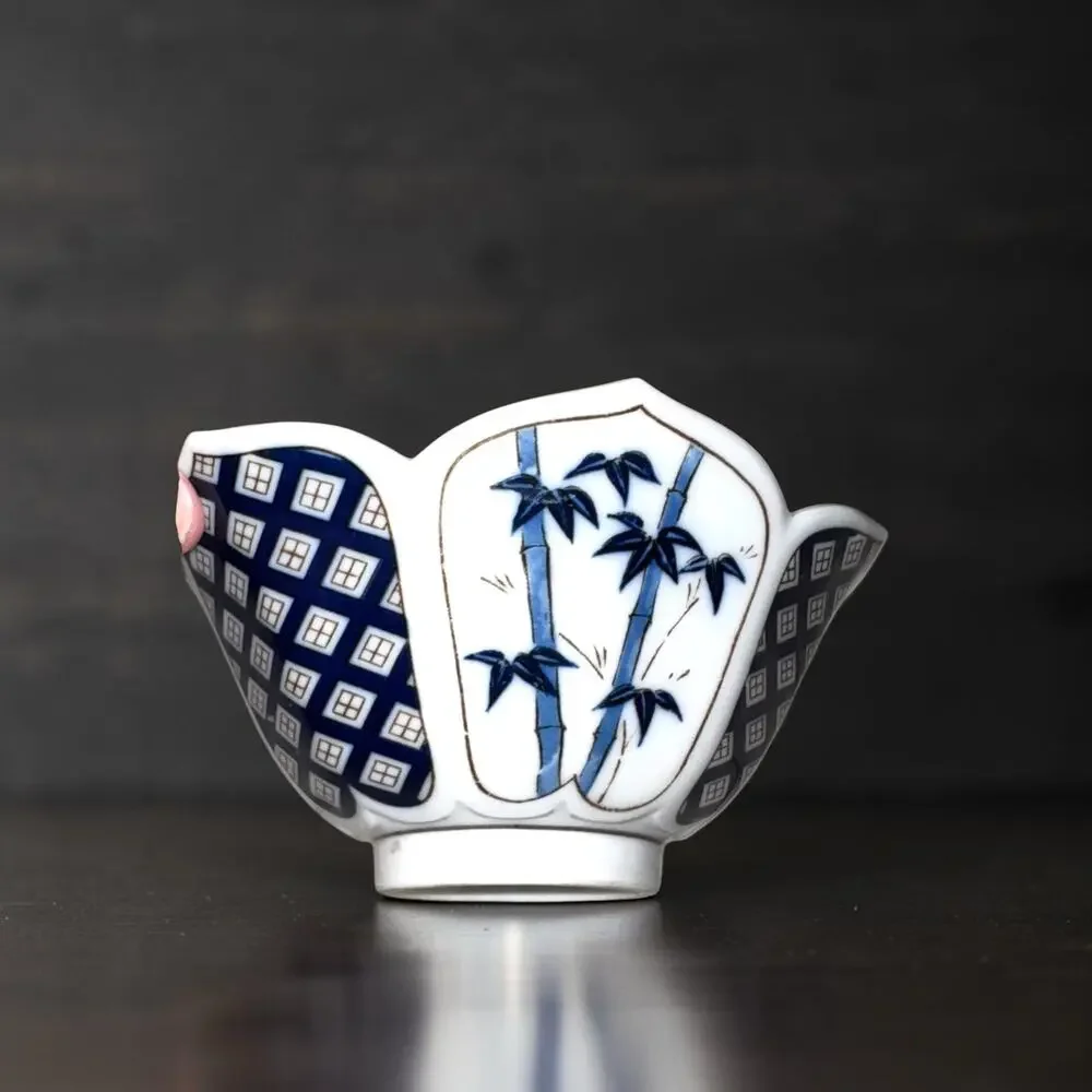 Set of 5 Blue White Porcelain Rice Bowls Floral Bamboo Geometric Scalloped Edge